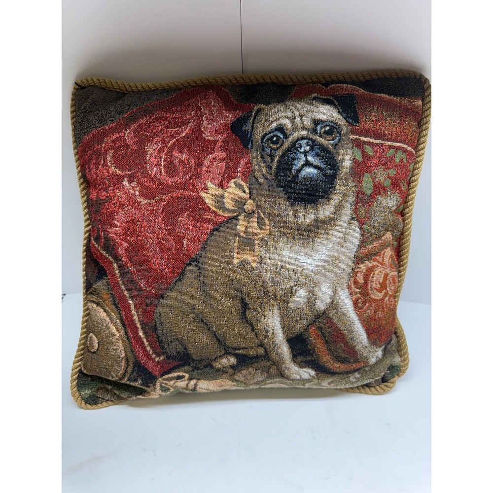 La France Home Pug Dog Tapestry Throw Pillow Gold Rope Trim Velvet Back USA Made